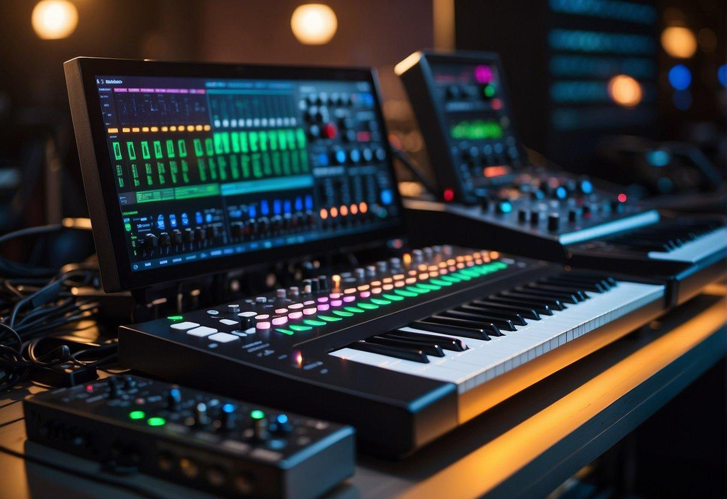 A variety of electronic music equipment is arranged on a stage, including synthesizers, drum machines, and mixers. Cables connect the devices, and colorful lights illuminate the setup