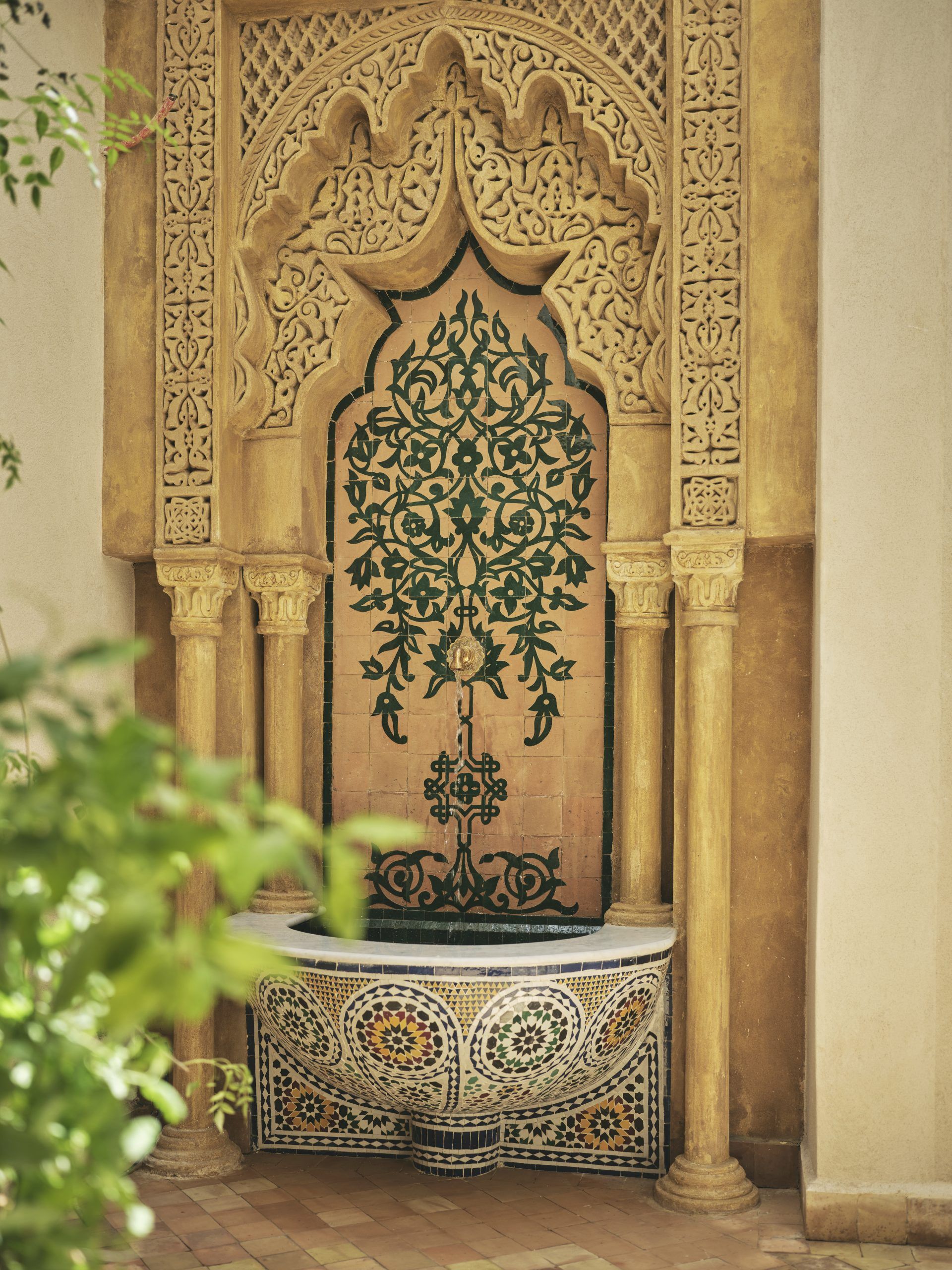 Hand-carved fountain outside room