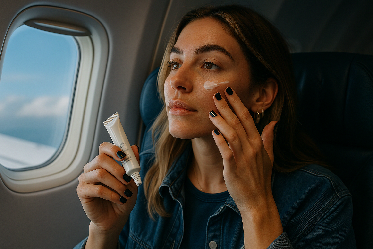 Woman applying skincare during flight