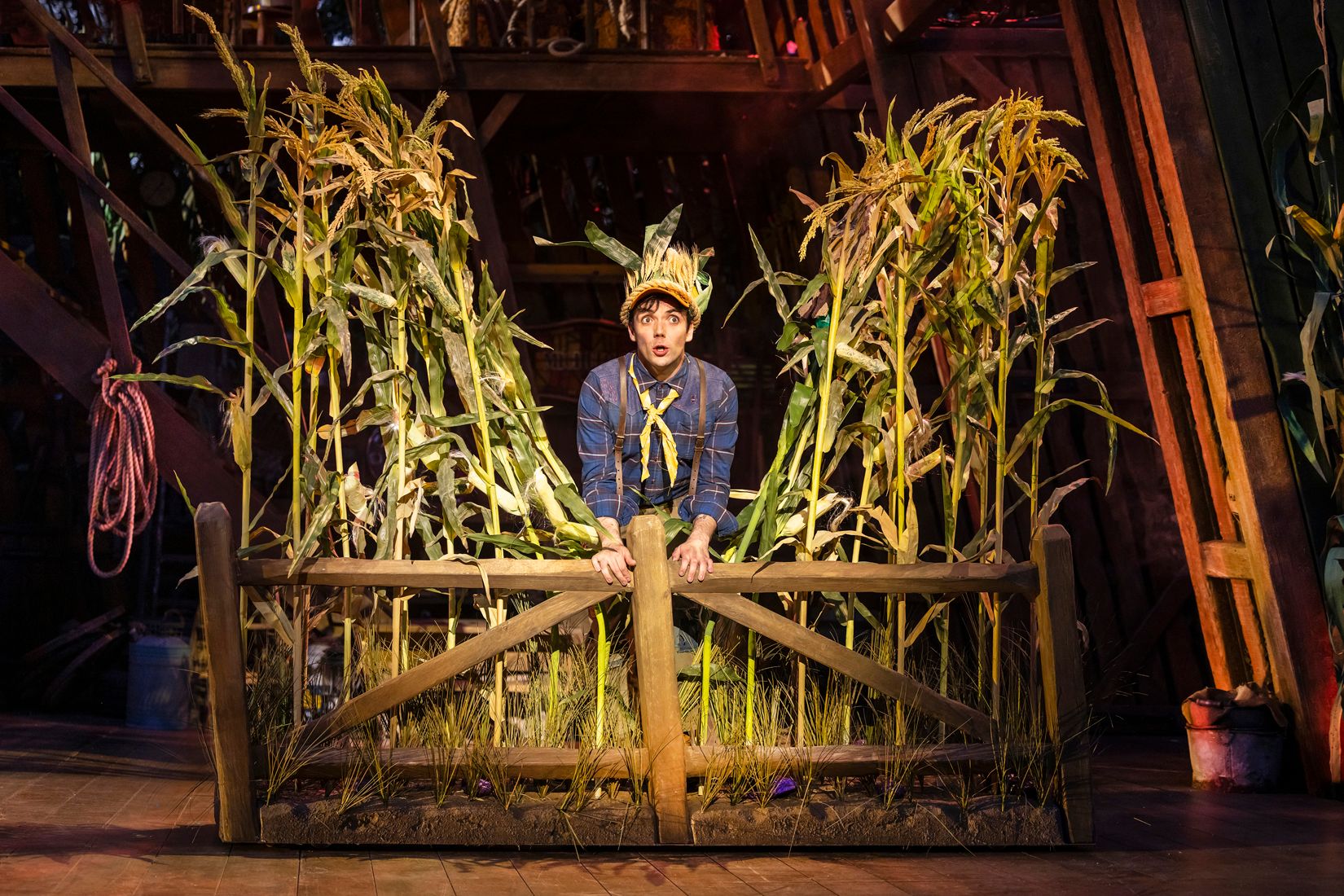 Keith Ramsay pops his head through tall stalks of corn with a goofy, surprised expression, wearing a plaid shirt and a straw-stuffed hat tied with a yellow ribbon.
