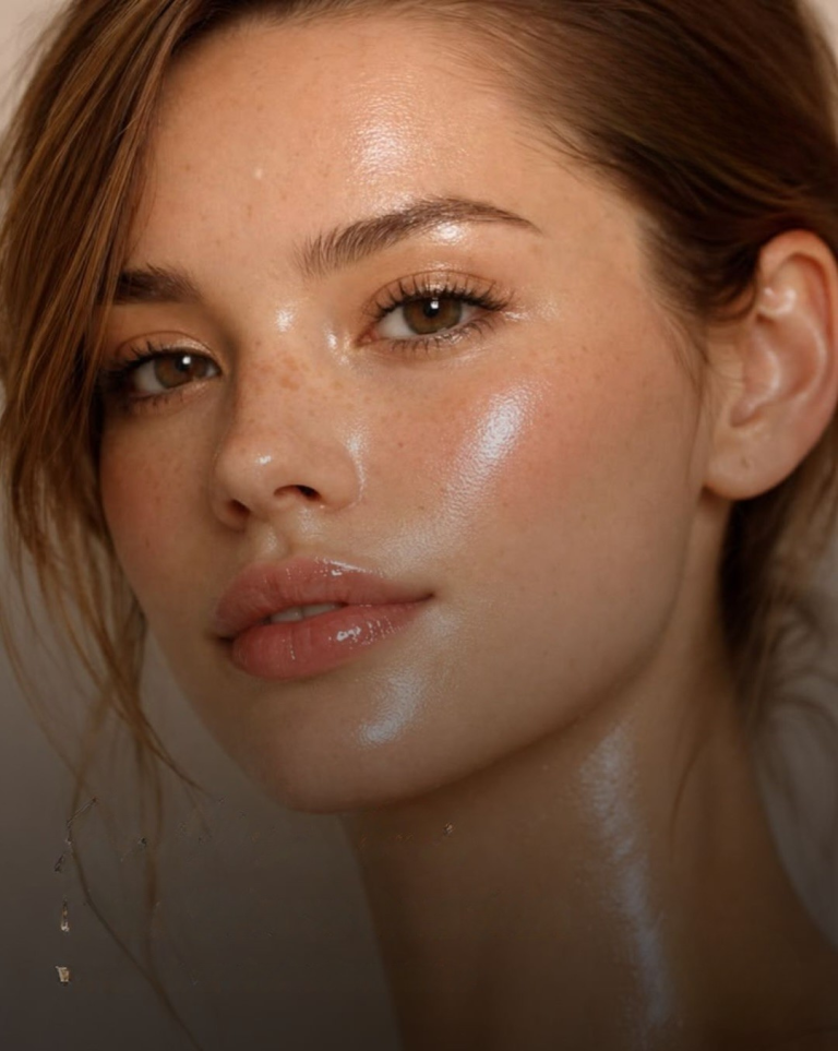 Beauty close-up of a woman with luminous glass-skin complexion, natural freckles, glossy lips and radiant dewy glow, illustrating the glass skin beauty trend.