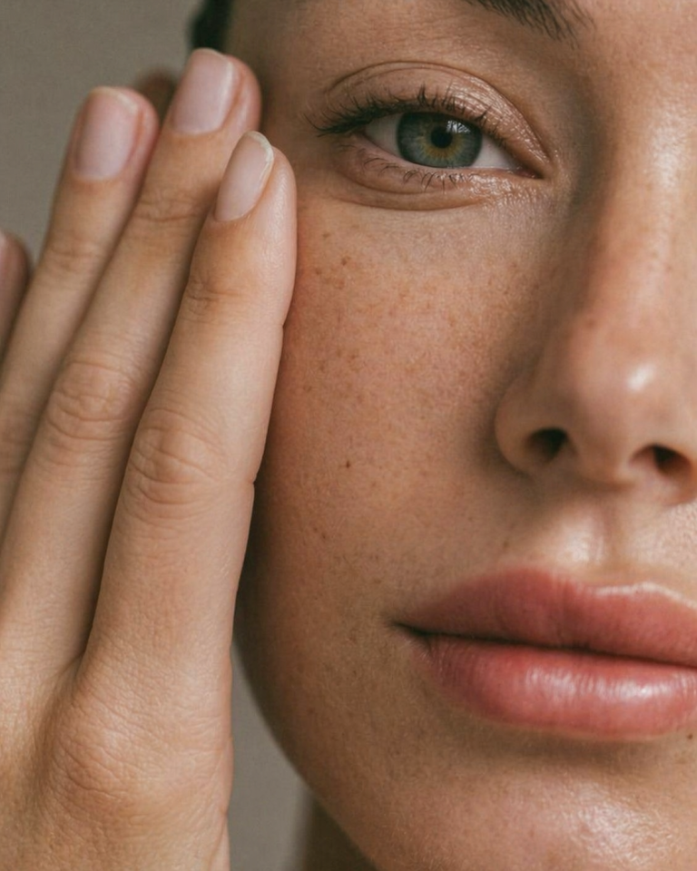 Close-up of a woman’s face with natural skin texture, green eye, and hand gently touching her cheek in soft, neutral lighting.