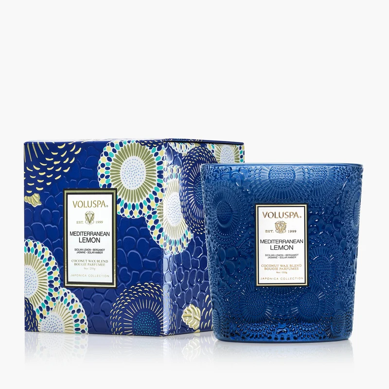 Voluspa Mediterranean Lemon candle in an embossed glass jar